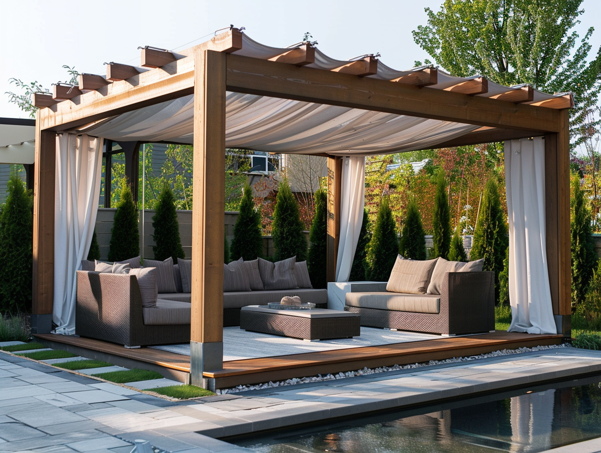A pergola draped with a soft fabric