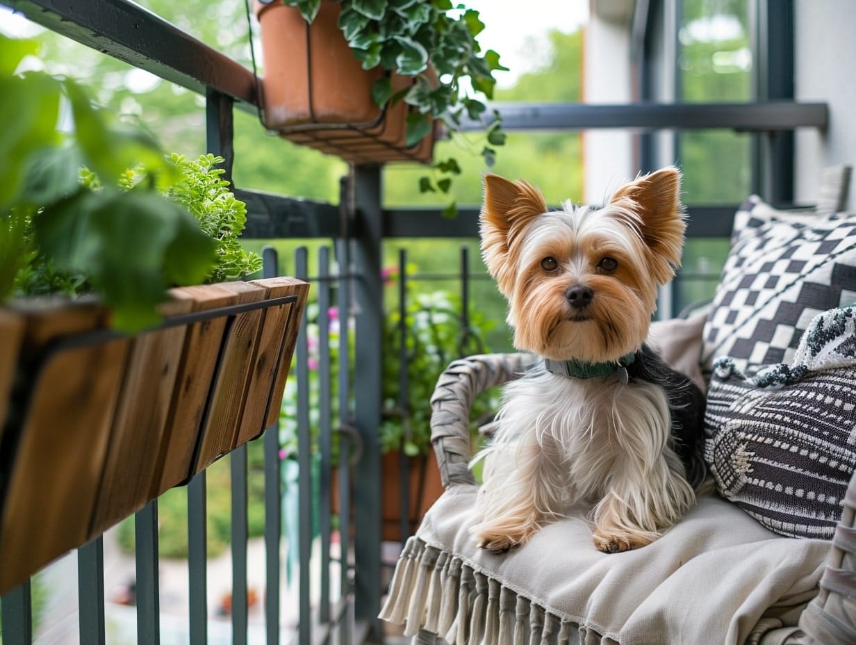 A small balcony with railings and pet-friendly design