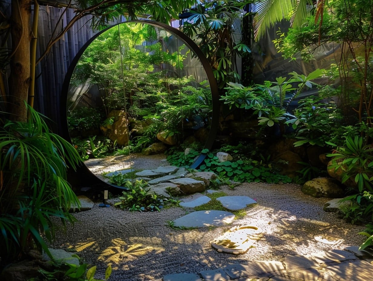 A large round mirror placed near a small garden