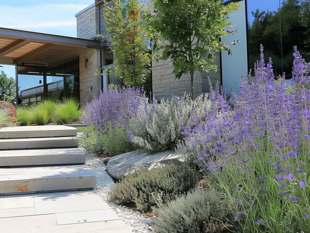 Russian Sage plants growing in a front yard 