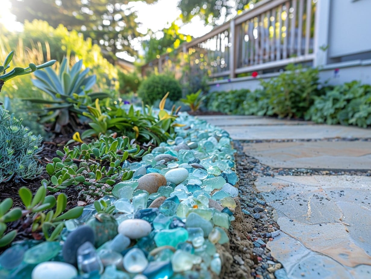 Sea glass used for bordering a garden's walkway