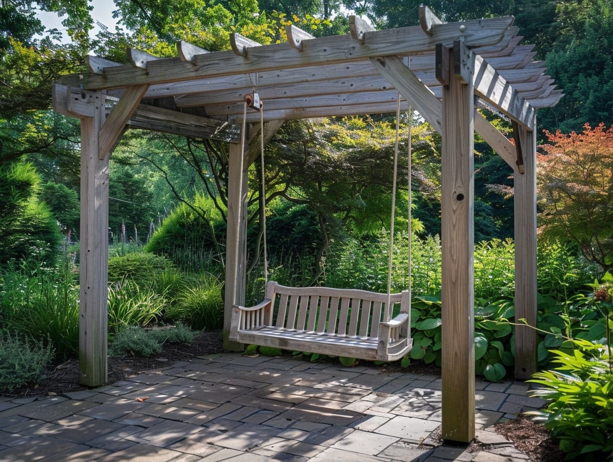 A wooden swing hanging from a lattice of a wooden pergola