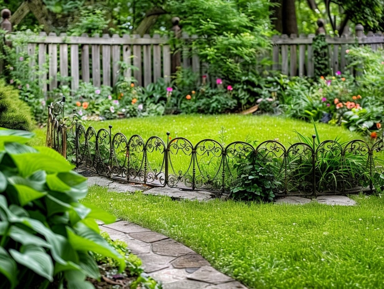 A garden border built using wrought iron fences
