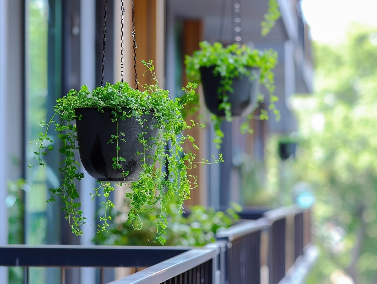 Hanging planters in an apartment's balcony