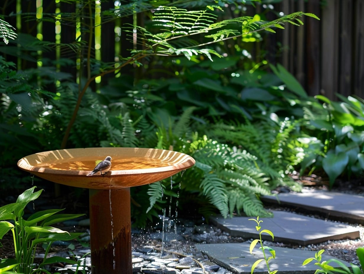 A bird bath in a garden