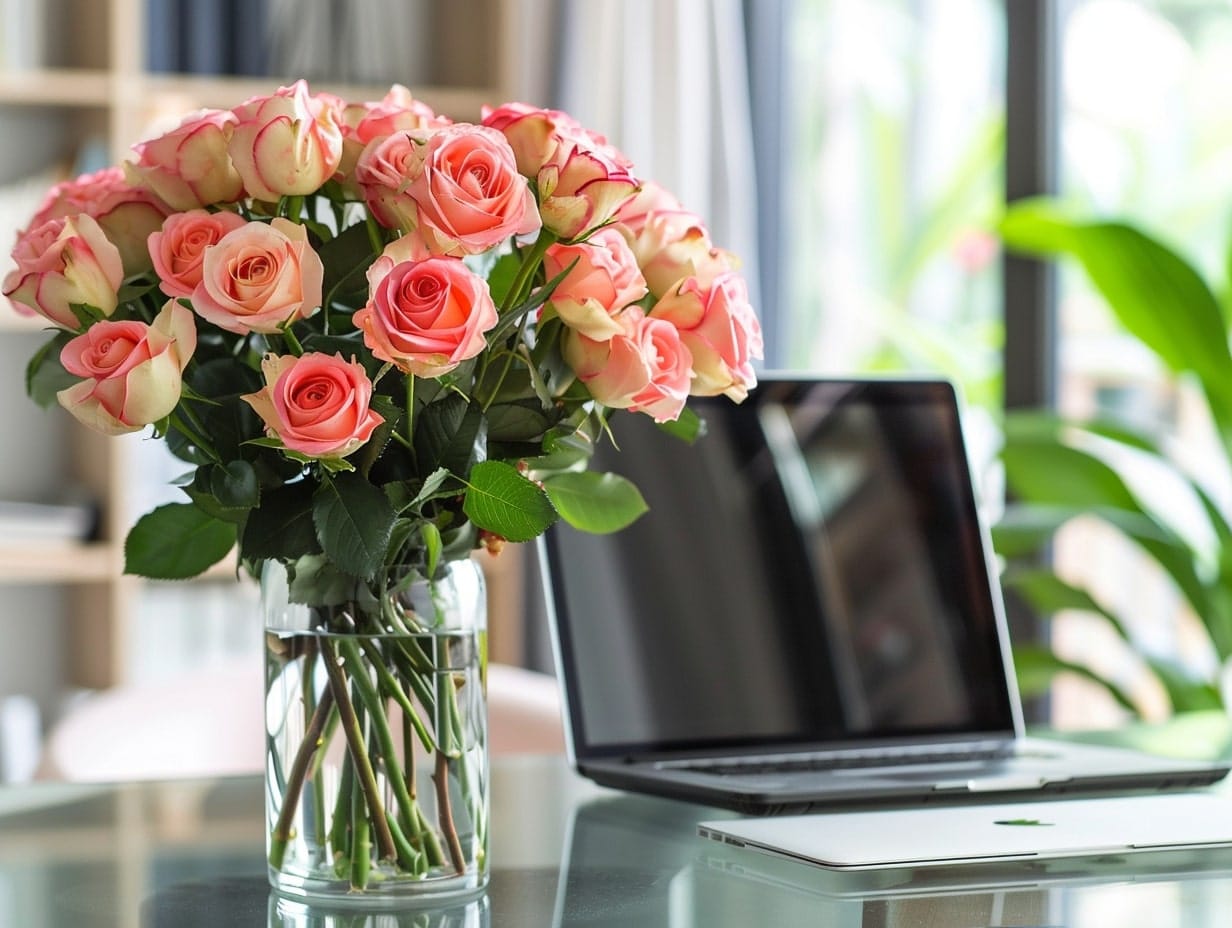 A bunch of pink roses placed in a glass on a work desk