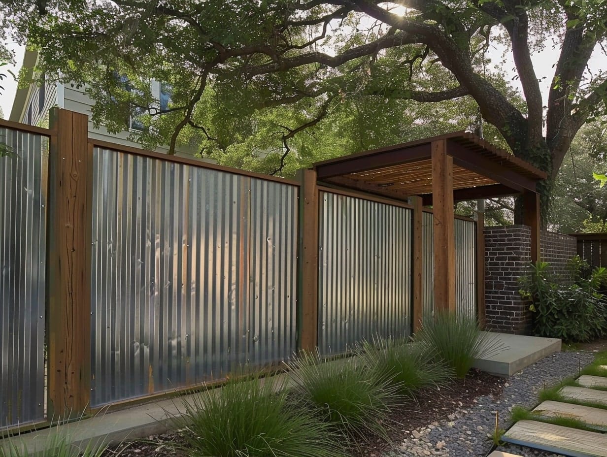 A fence made of corrugated metal panels inside wooden frames