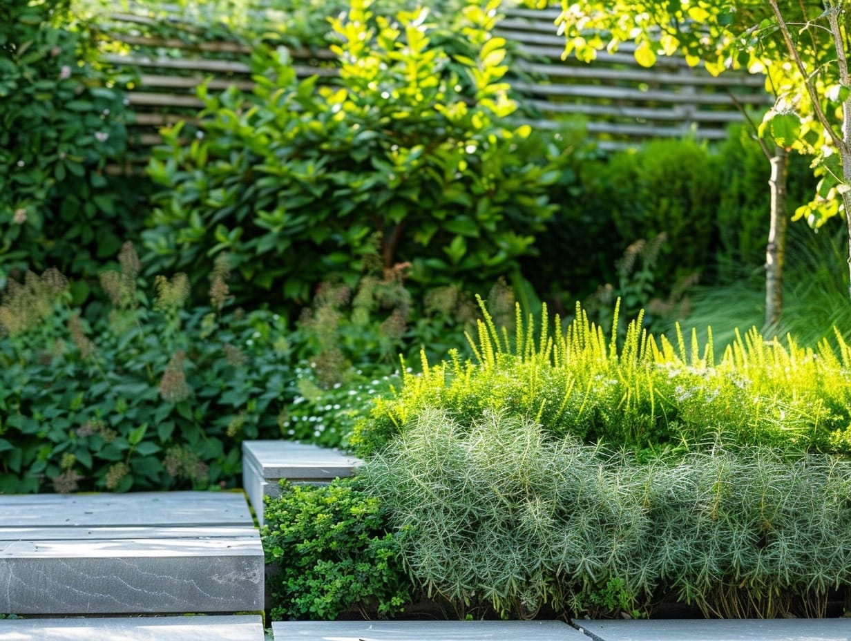 Dense shrubs planted on a garden boundary to create a fence