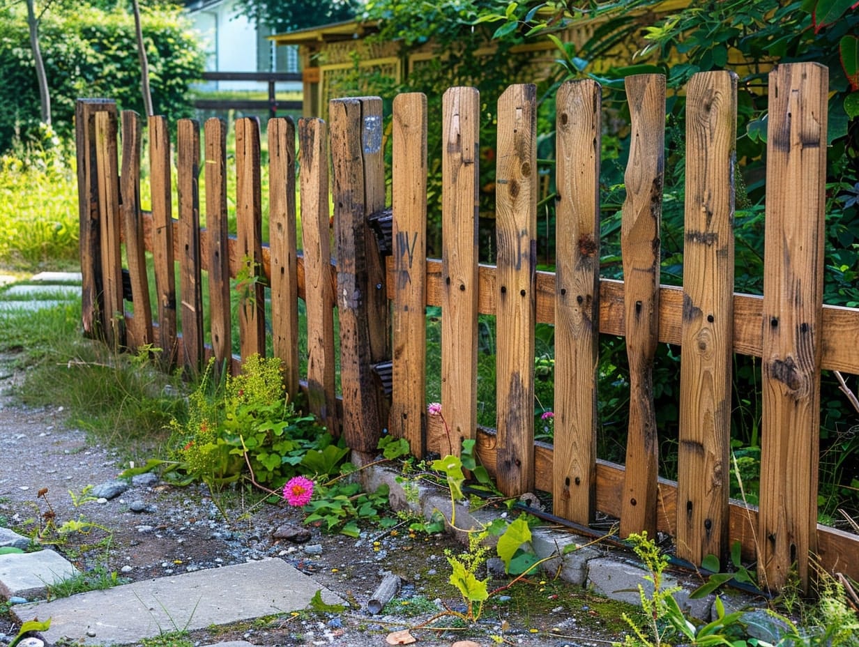 Multiple pallets lined to form a decorative garden fence