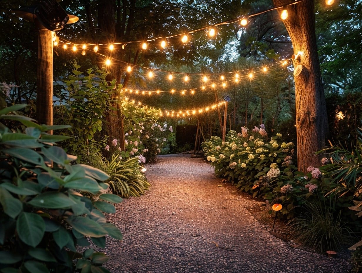 Bulb string lights hanging above garden paths