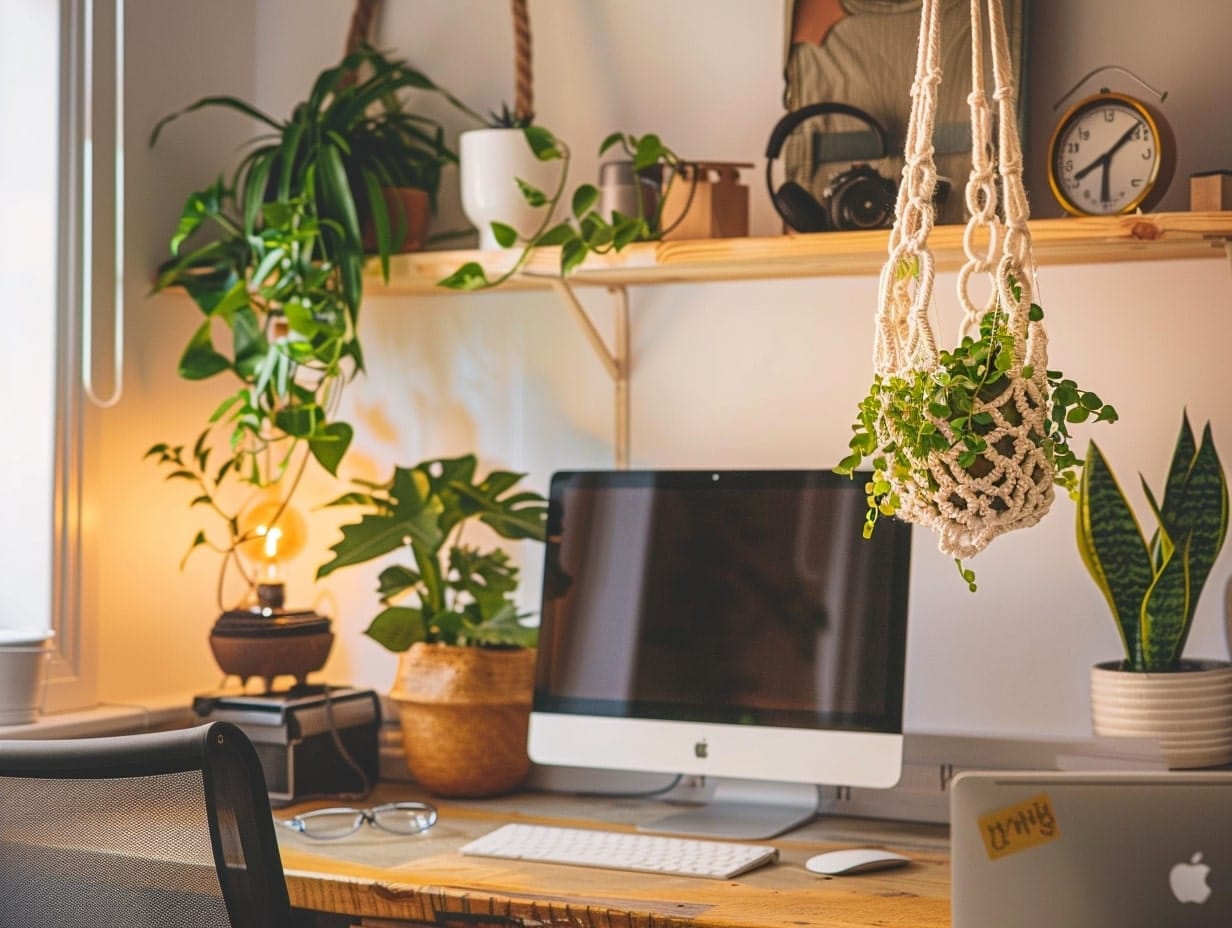 A macrame plant hanger suspended from the ceiling above a work desk