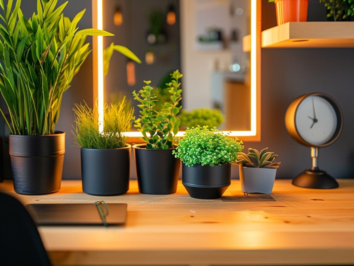 A large mirror placed behind plants on a work desk