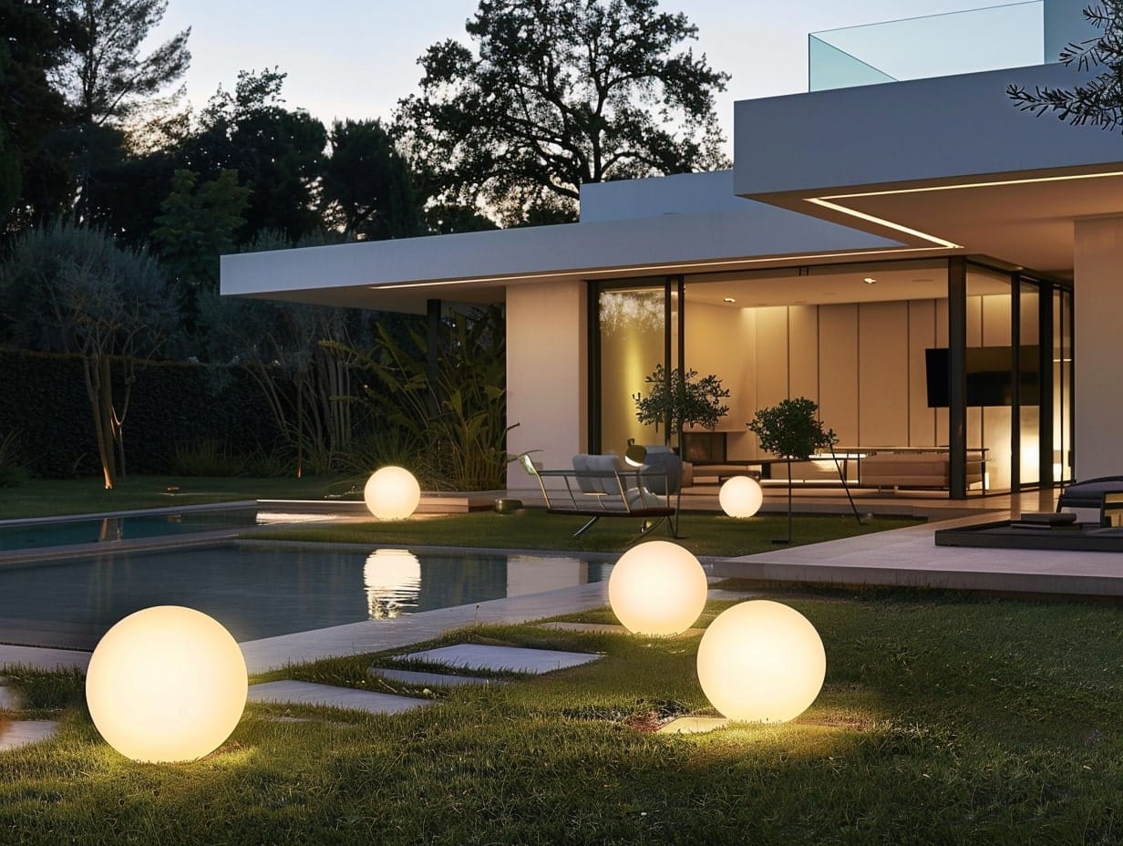 A garden illuminated with glowing orbs