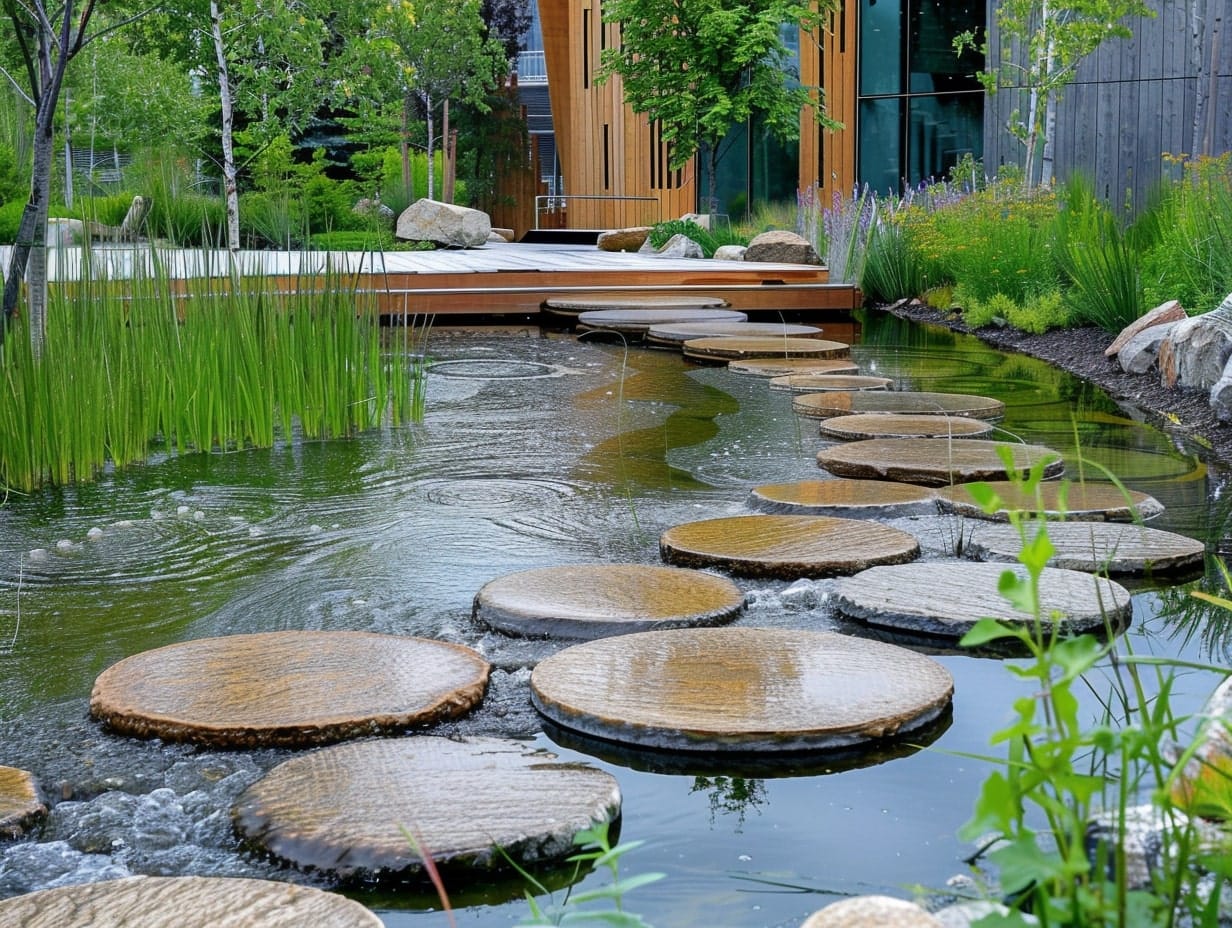 A stone garden pathway running over a shallow pond