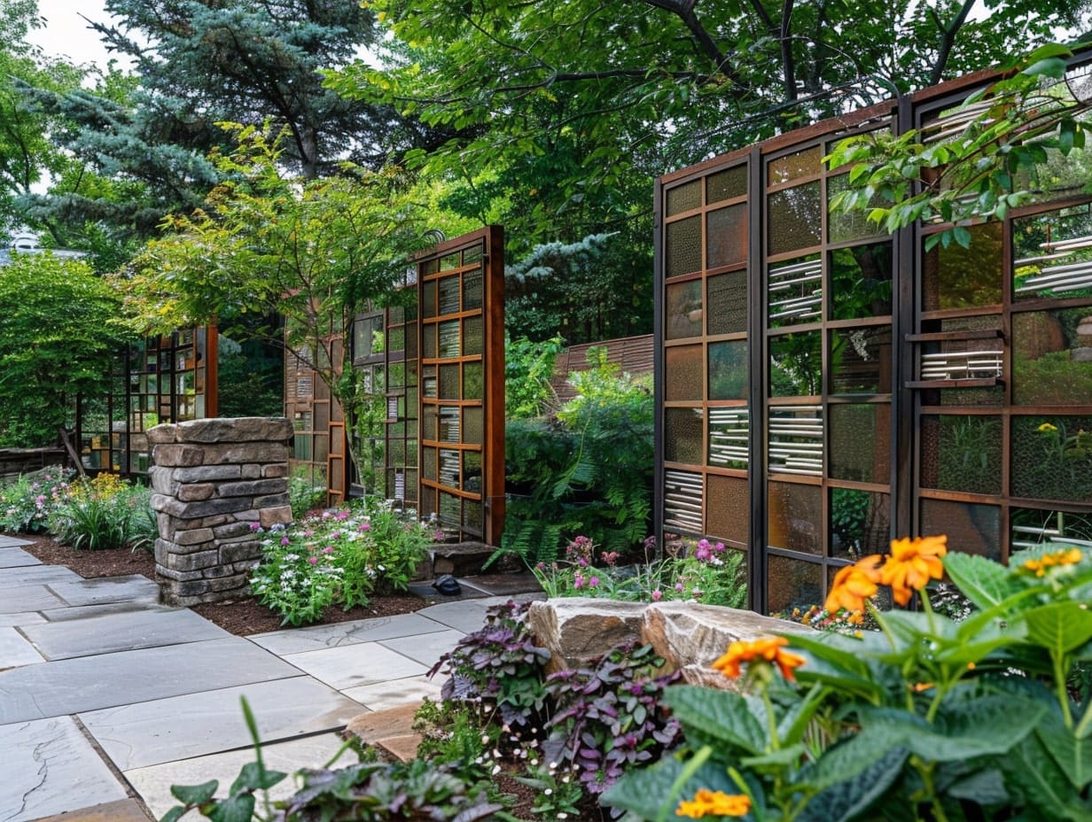 Repurposed old door connected side to side to form a garden fence