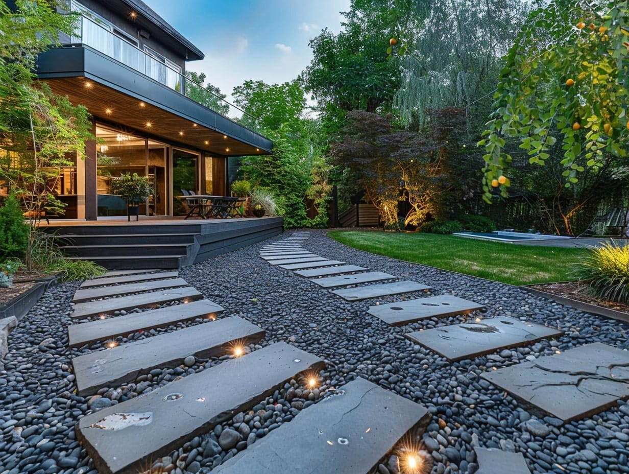 A garden pathway made from seastones and concrete blocks