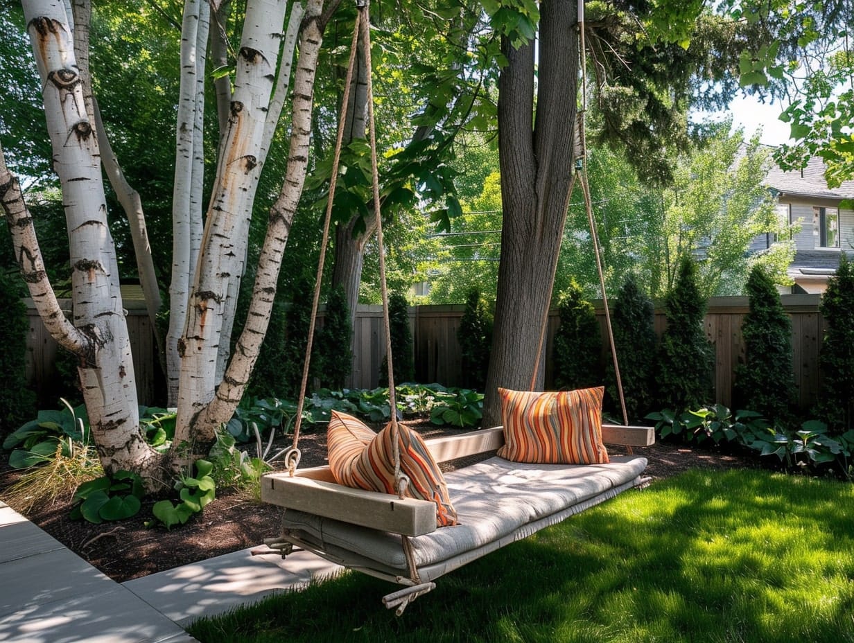 A stylish wooden swing hanging from a garden tree
