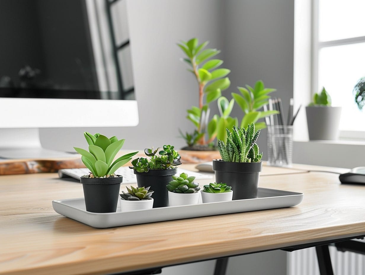 Several small plants placed in a shallow tray
