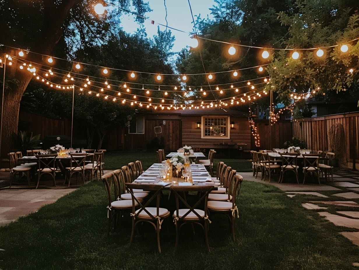 Soft white string lights hanging in a garden bridal shower setting