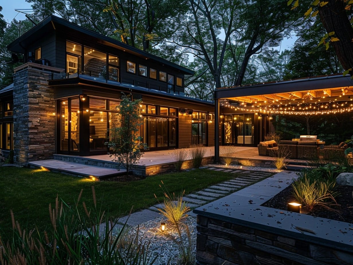 Different types of string lights hanging in a backyard