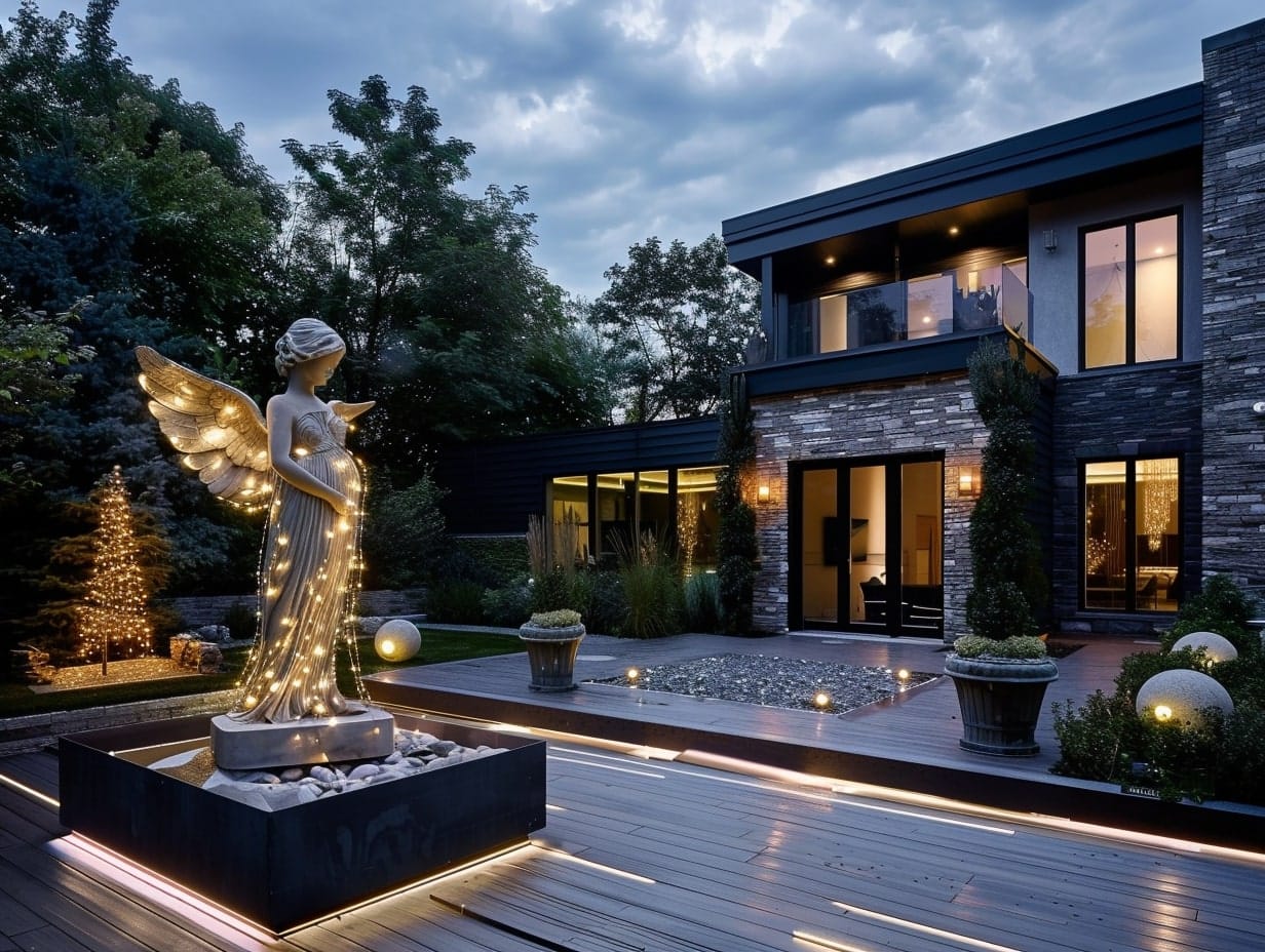 String lights used to decorate garden sculptures