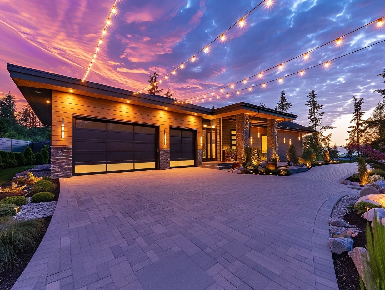 A driveway illuminated with string lights after sunset
