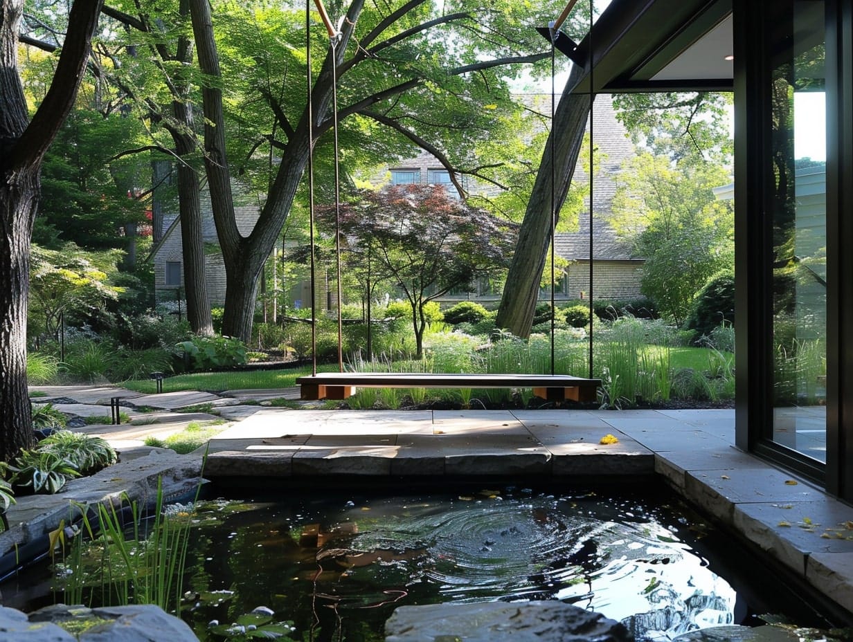 A swing installed over a garden pond