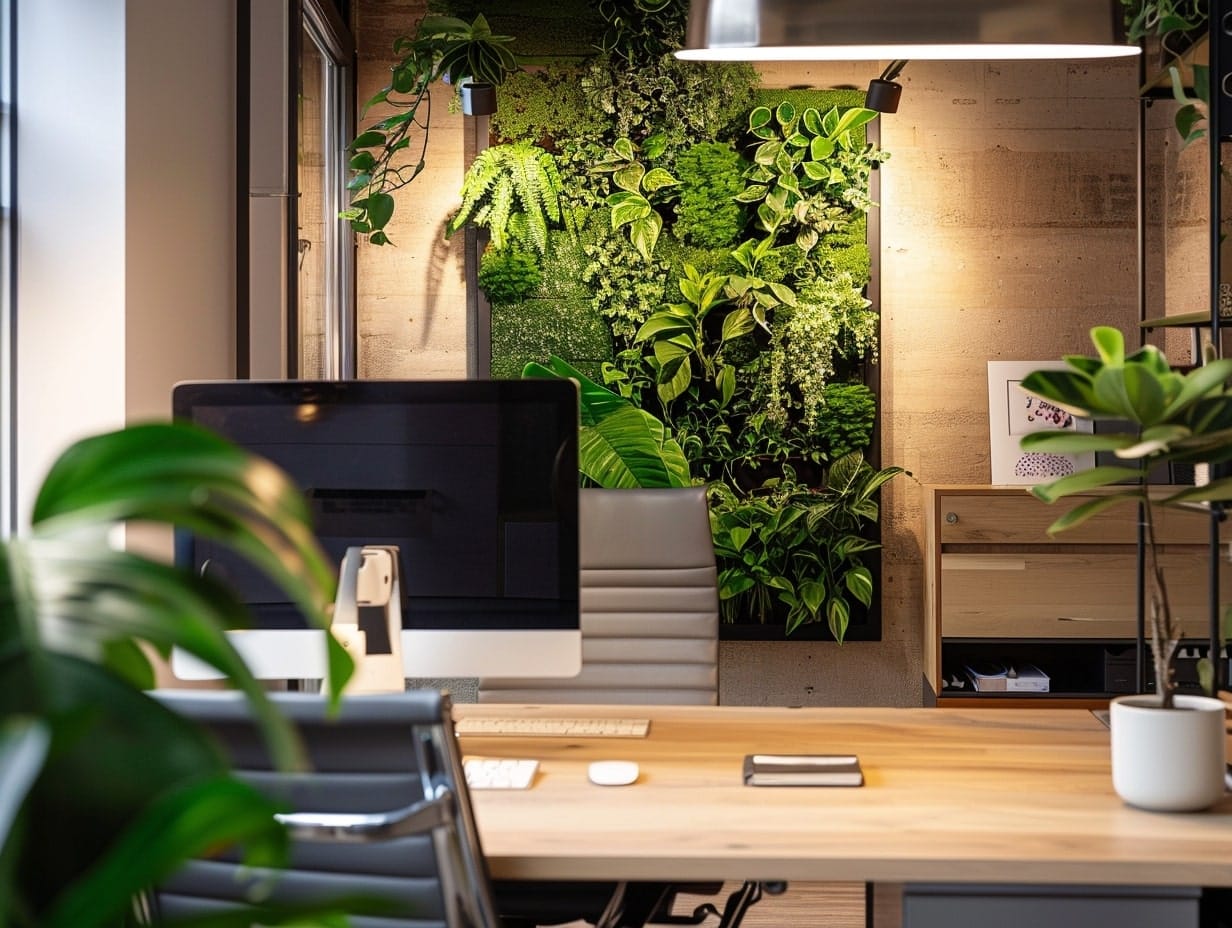 A vertical garden designed on a wall next to a home work desk