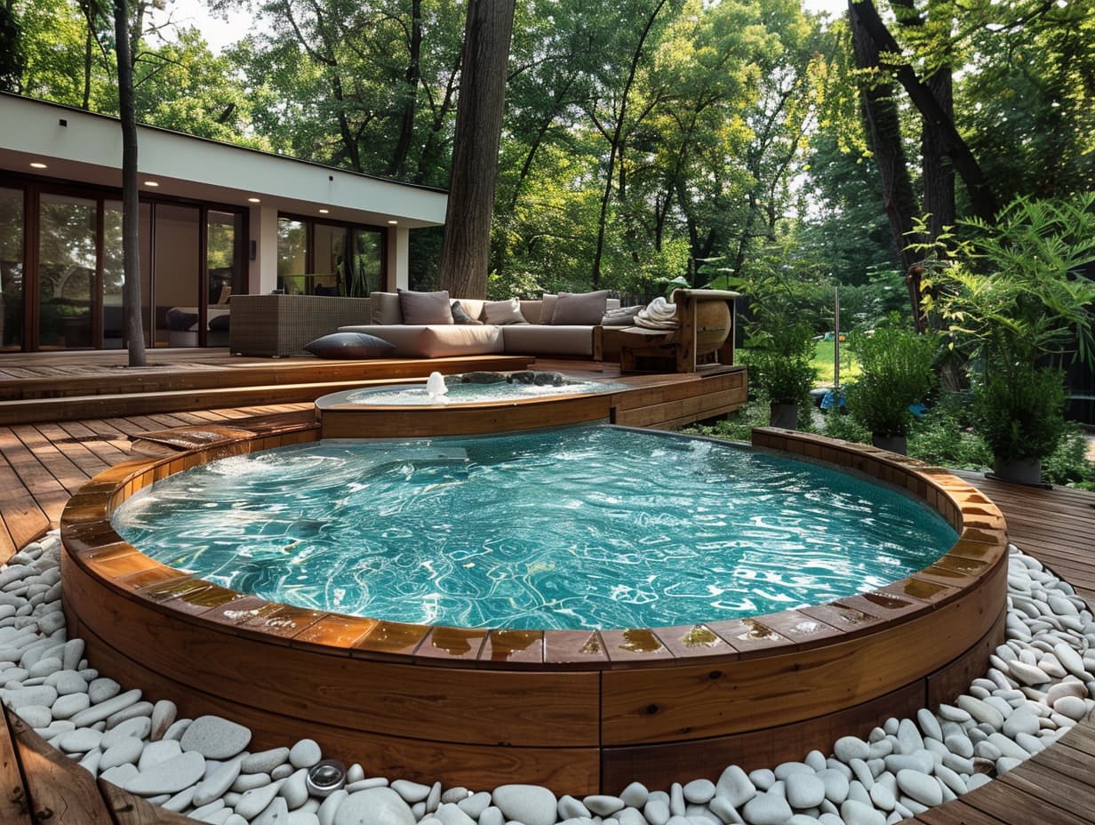 A circular above-ground outdoor pool with a small hot tub