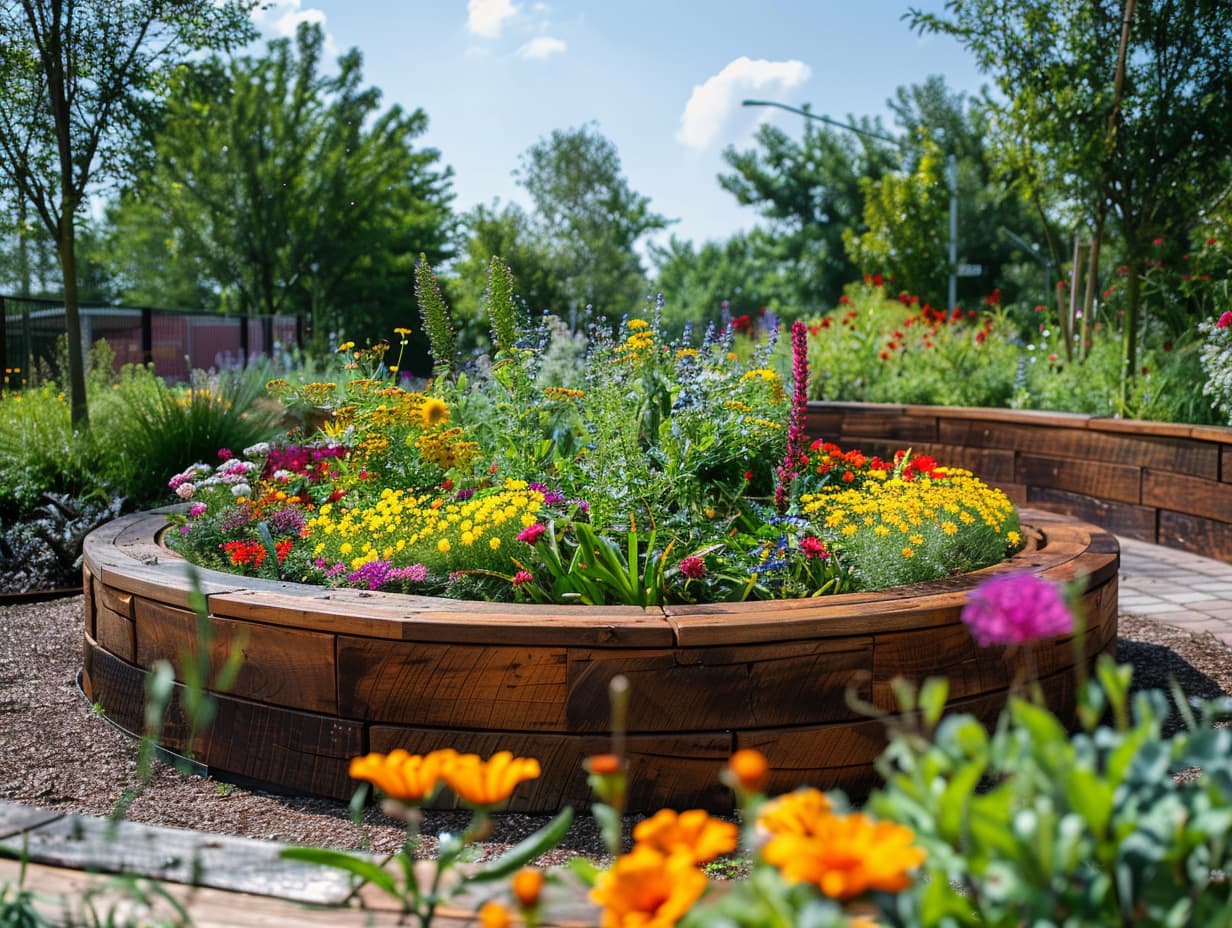 A circular raised garden bed