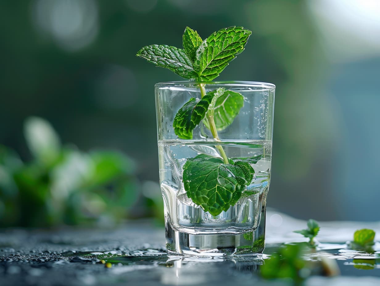 A cut mint stem placed in a glass with water
