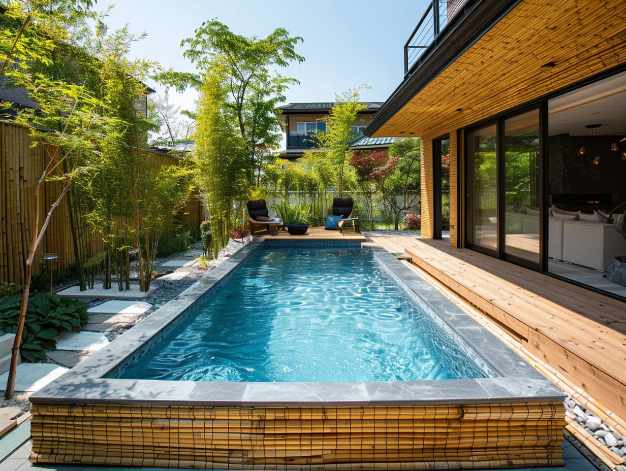 Exterior of an above-ground pool covered with bamboo panels