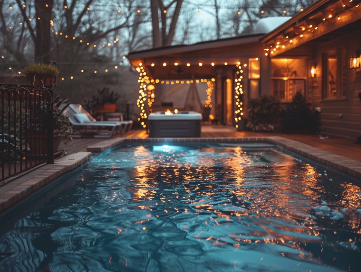An above-ground backyard pool with fairy lights in the background