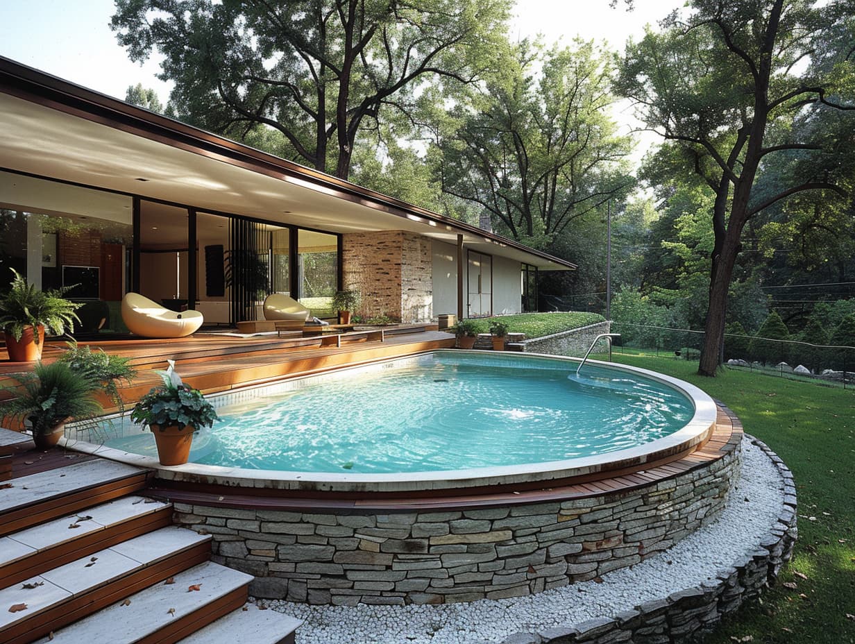 An above-ground semi-circular pool with a natural stone exterior