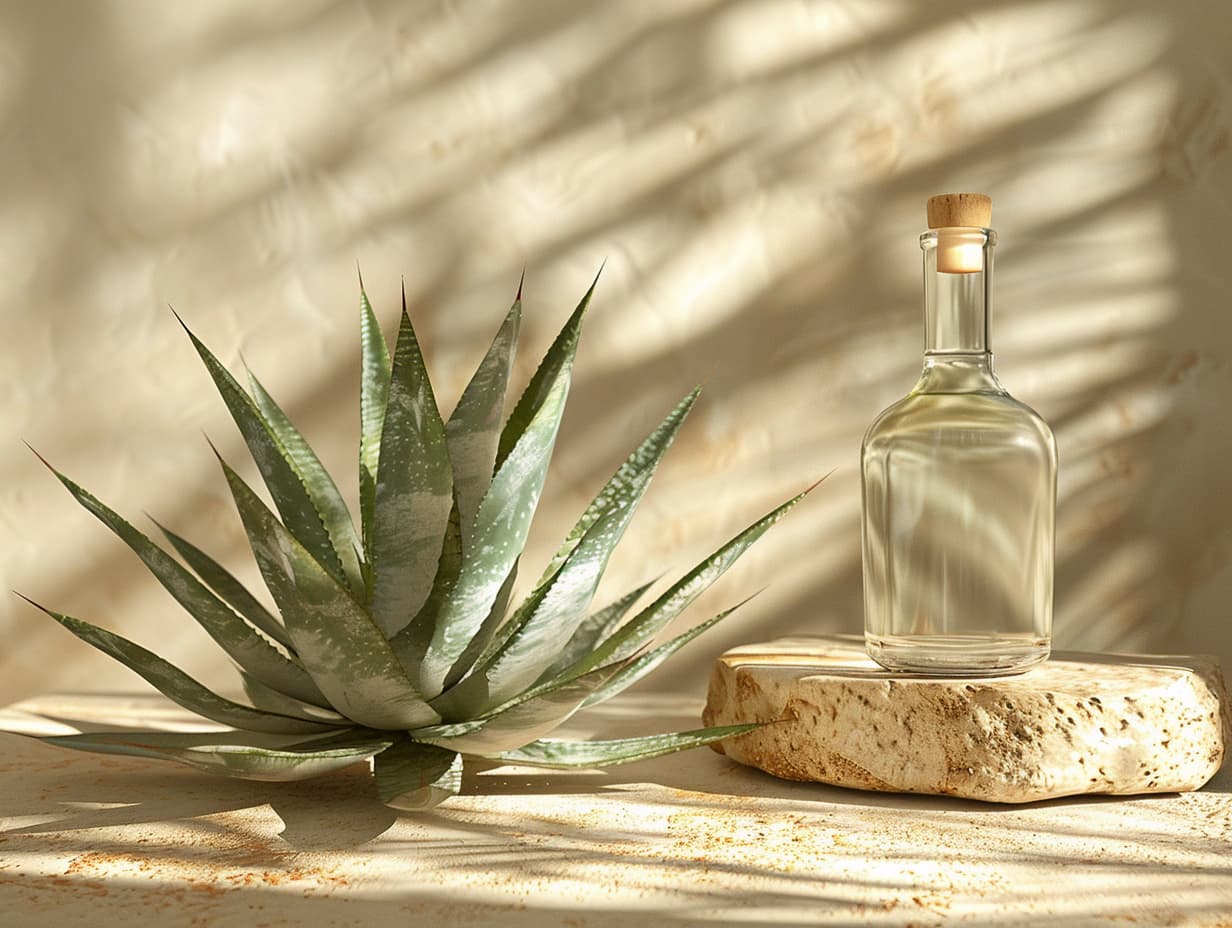 Agave plant and a bottle of tequila on a stone