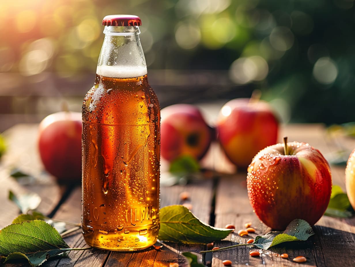 An apple and a bottle of apple cider on a wooden platform