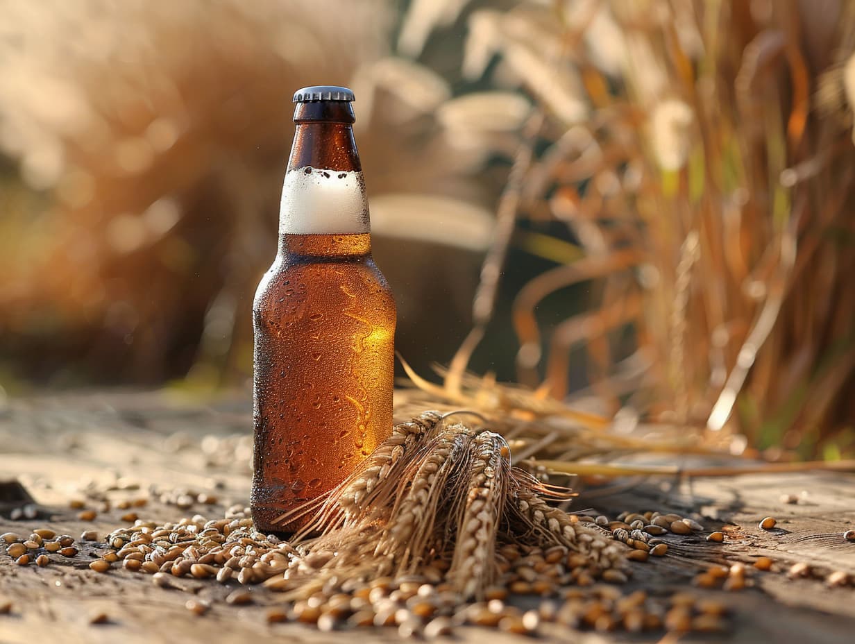 Barley grains and a bottle of beer