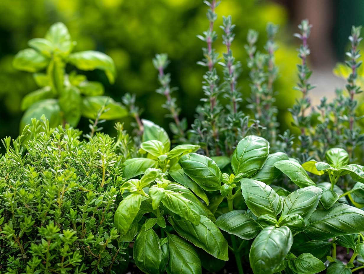 Basil, thyme and rosemary herbs in a garden