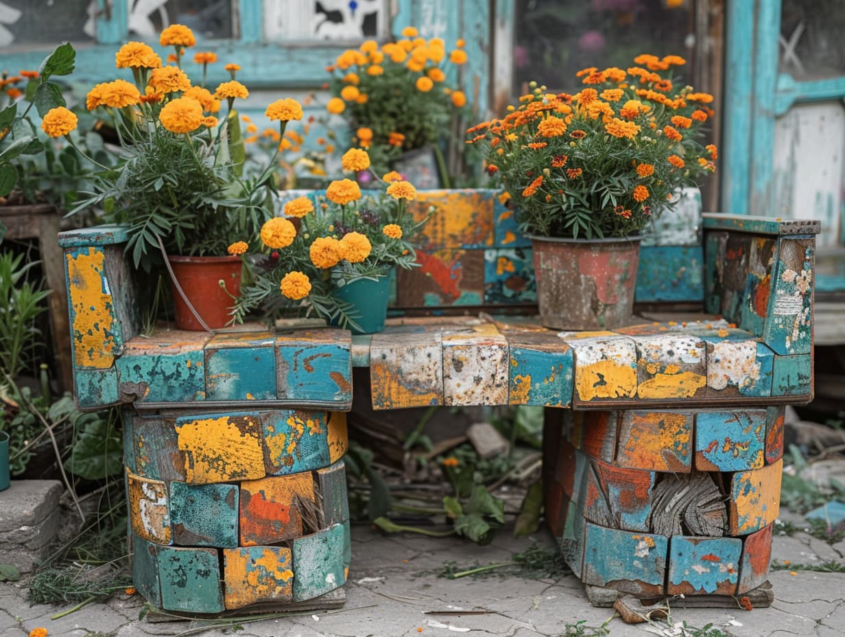 Broken furniture painted and use as a planter