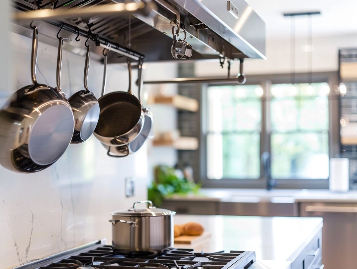 A kitchen with a ceiling-mounted hanging pot