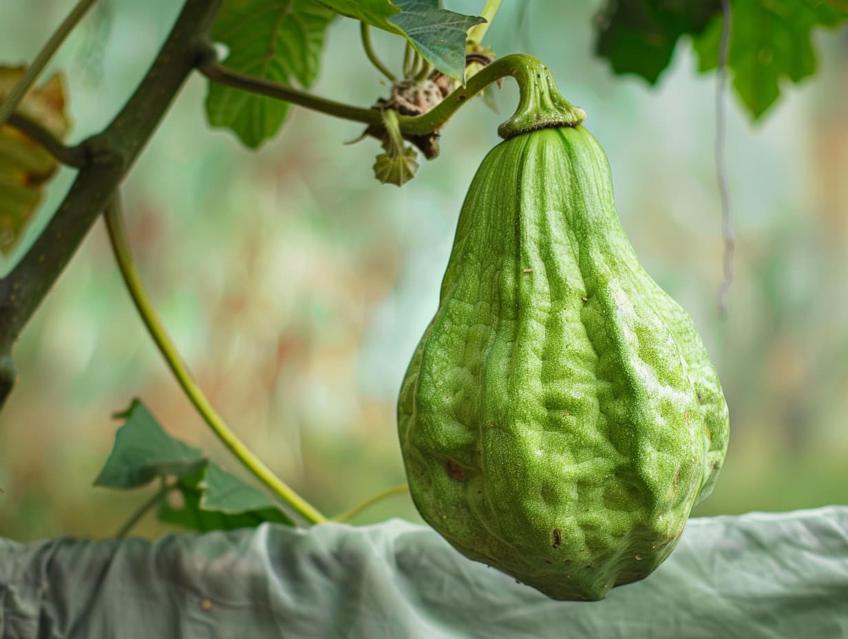 Chayote fruit hanging from the plant