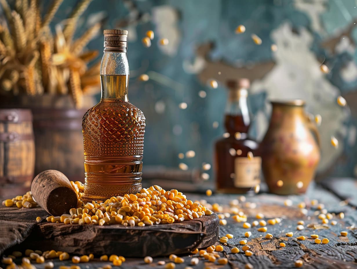 Corn kernels and a bottle of whiskey on a wooden table