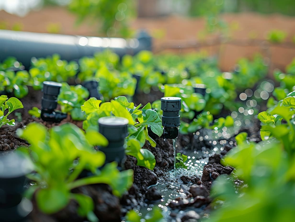 A drip irrigation system in a garden