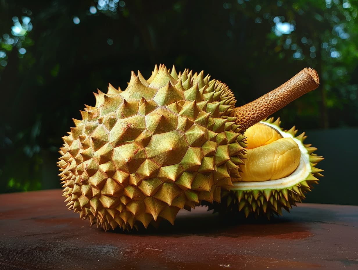 Durian fruit on a wooden table
