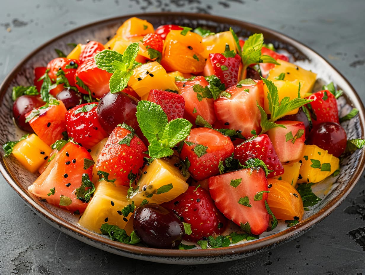 A fruit salad platter with mint garnish