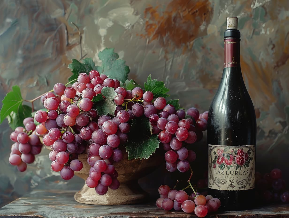 Grapes on a fruit platter and a wine bottle