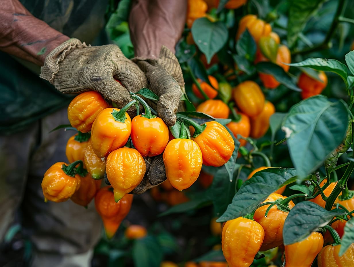 Bunches of habanero getting harvested in a garden