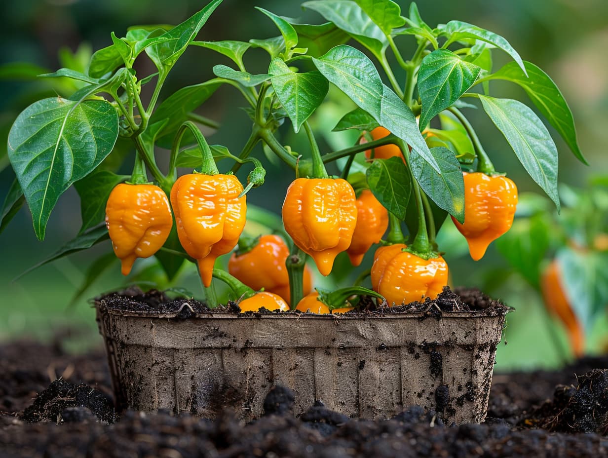 Freshly plucked habanero plants in a container with soil