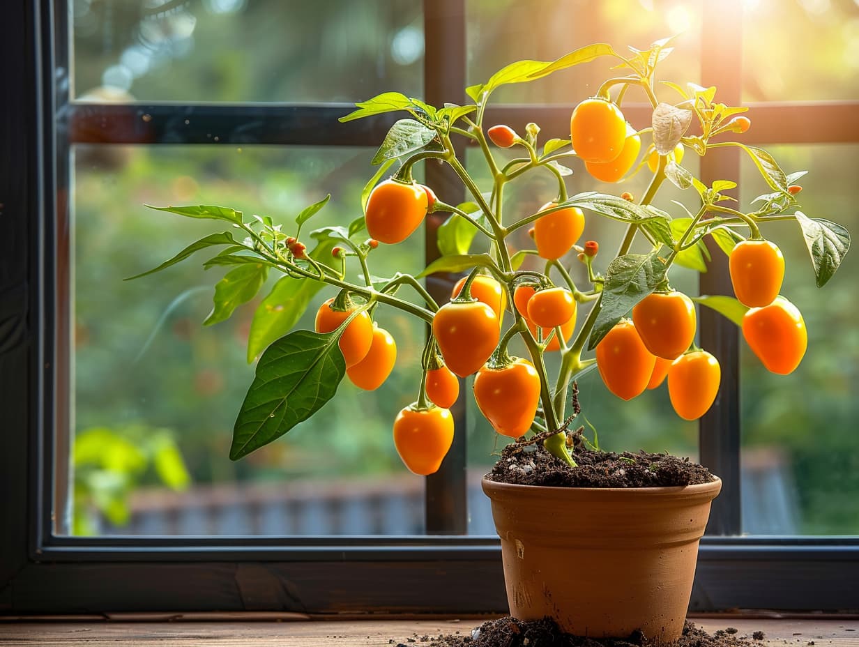 Habanero plant repotted and placed near kitchen window