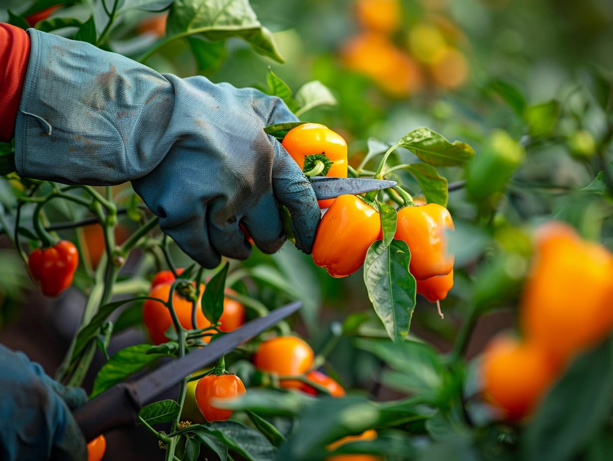 A gardener pruning habanero plants